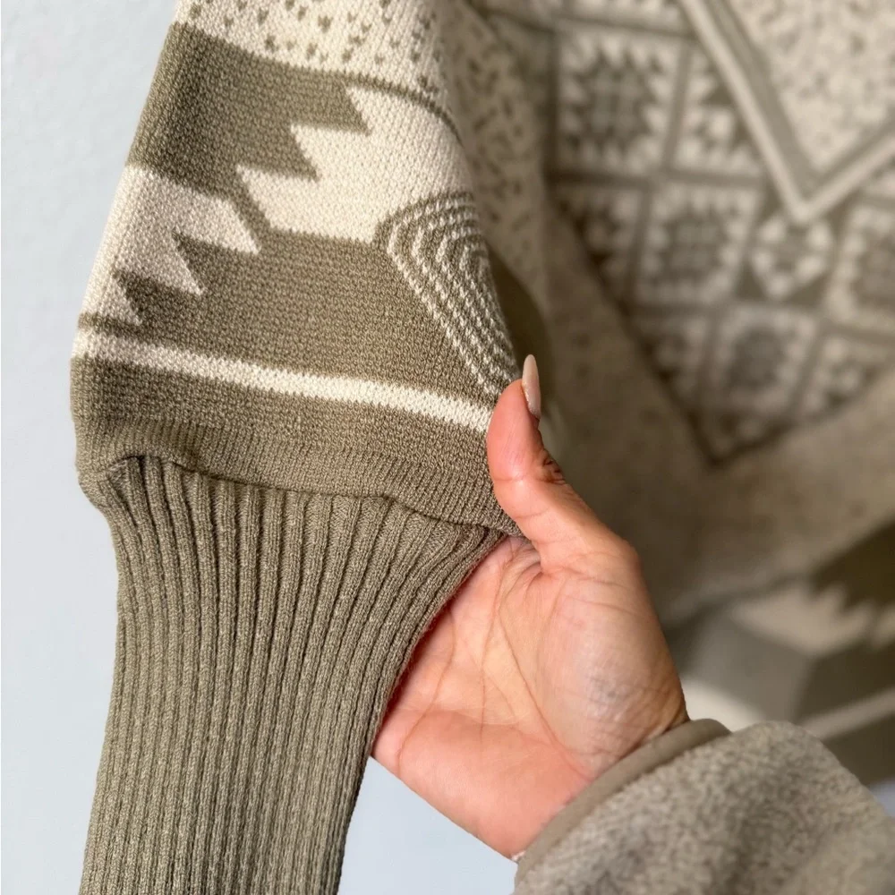 Boho Geometric Knit Poncho Sweater | Button Cowl Neck | Neutral Tan - Picture 5 of 11